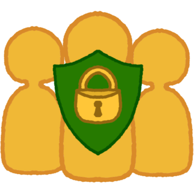 3 people next to eachother with a green shield that has a lock on it